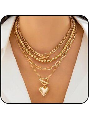 Layered Gold Necklace Set for Women Non Tarnish Chunky Paperclip Heart Pendant